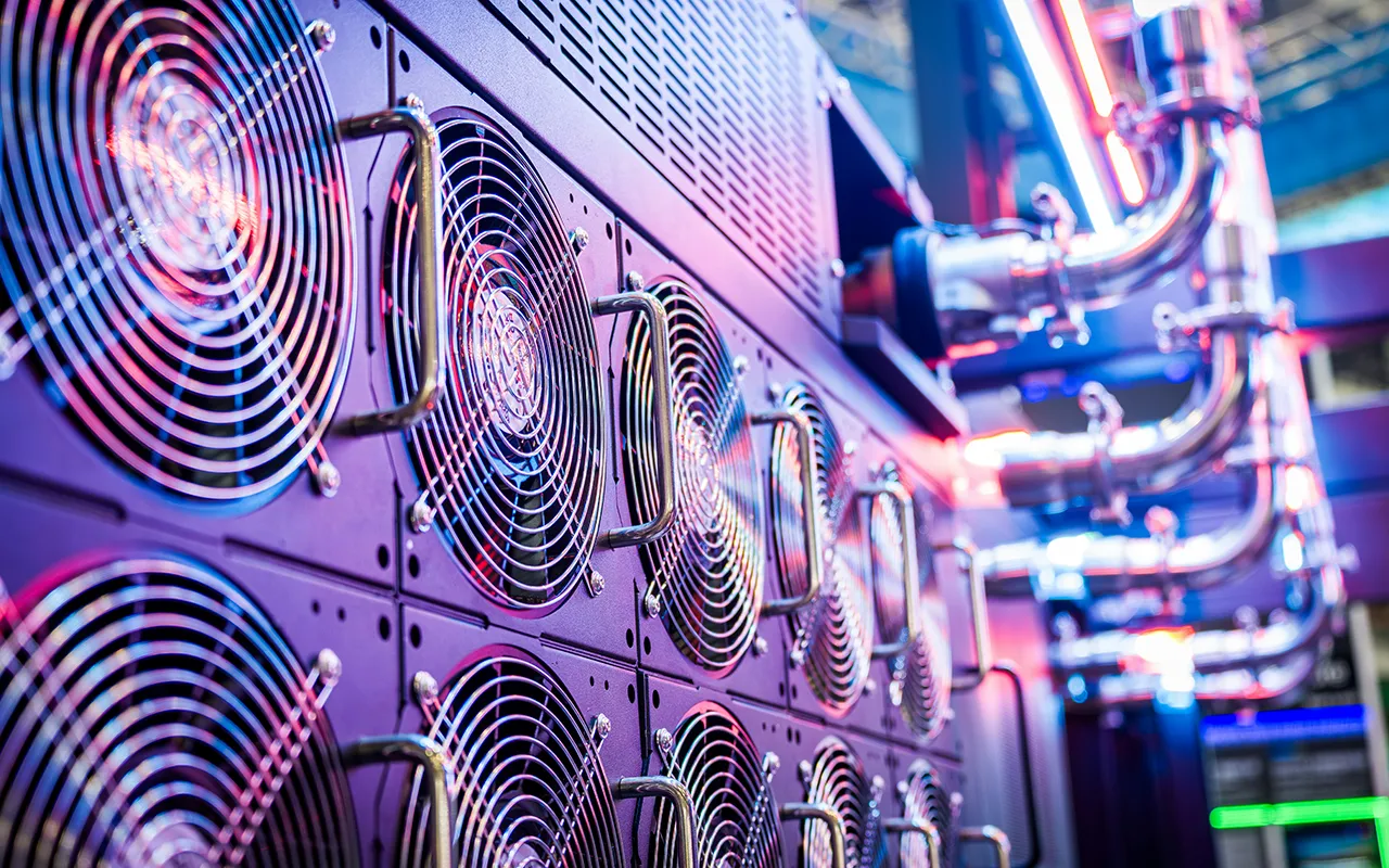 Servers in a data center showing their cooling fans
